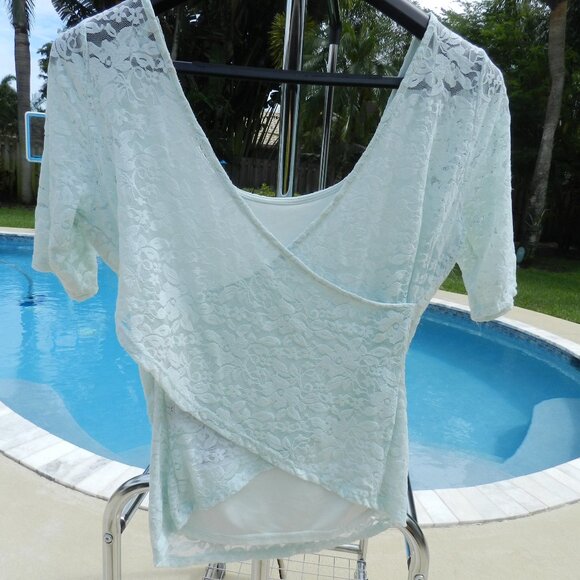 Guess Lace Top Size L Light Blue Mint | Semi Sheer 3/4 Sleeve Elegant Blouse - Picture 3 of 5
